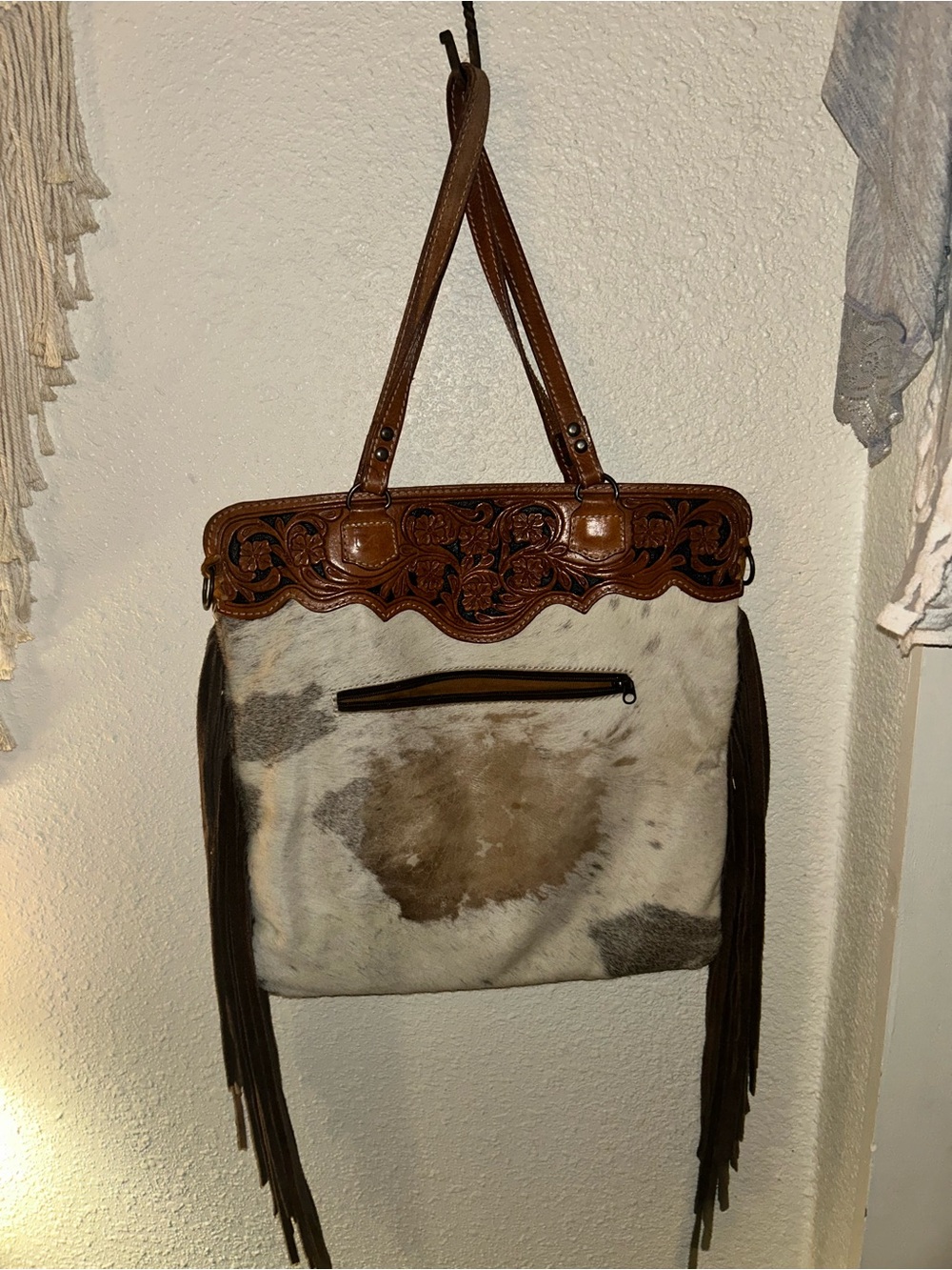 American Darling Brown Tooled Leather & Cowhide Fringe Shoulder Bag